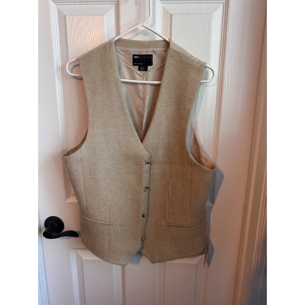 ASOS Design Men's Beige Textured Button Front Vest Size 42R Classic Waistcoat